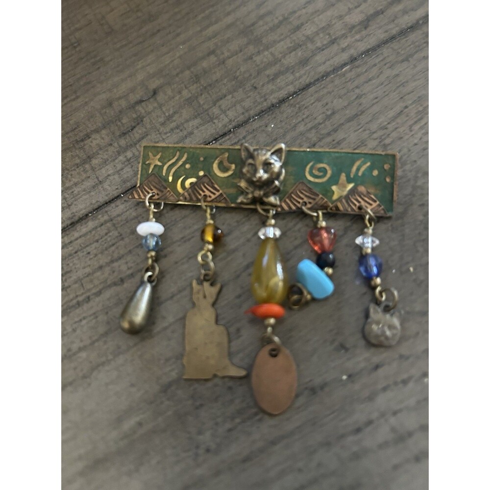 Vintage Cat Motif Brass Brooch with Dangle Stones